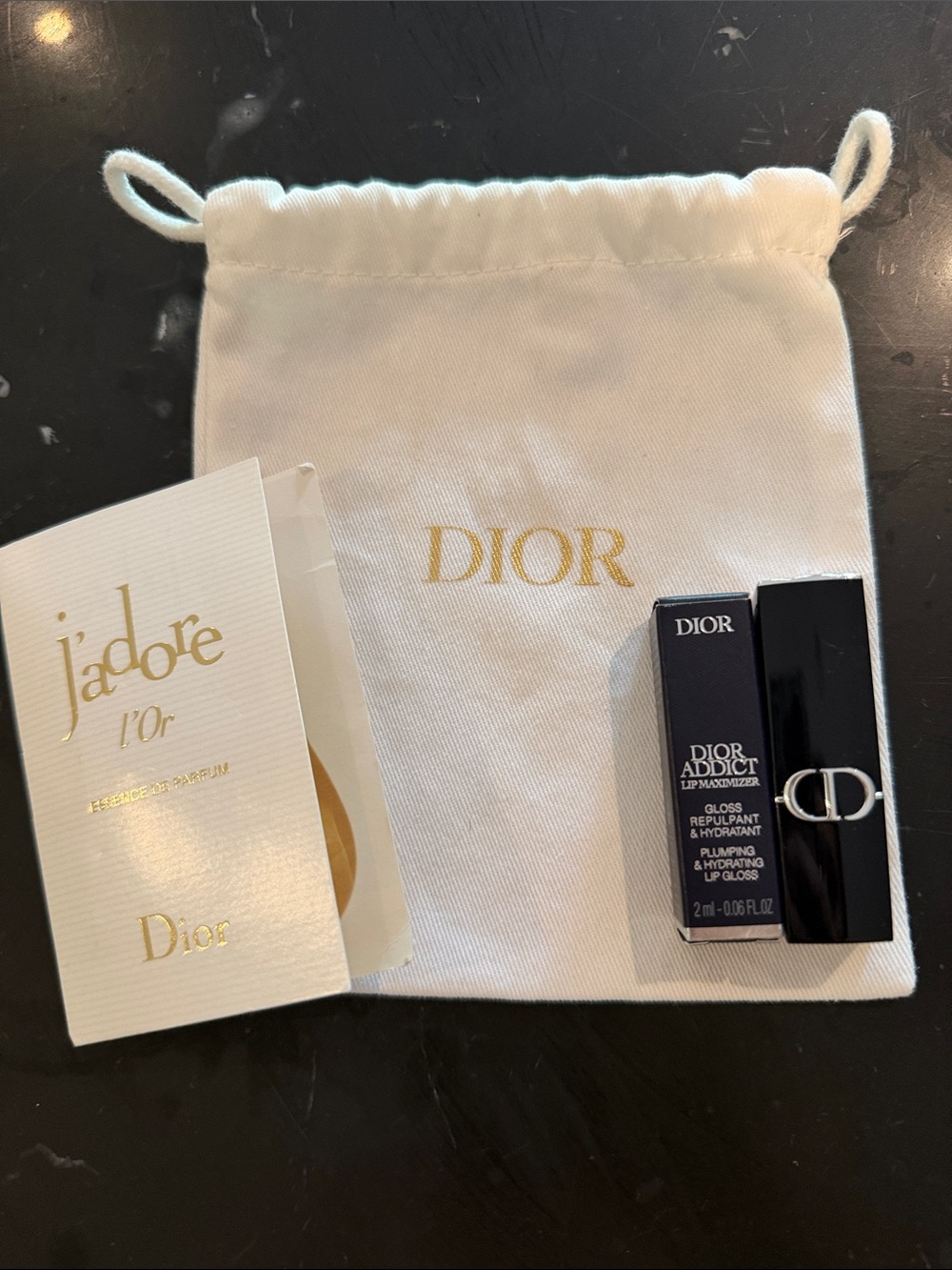 Dior Lip Gloss Set with White Dior Pouch – Black, Gold, White